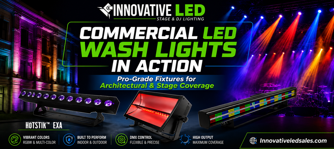 Commercial LED wash lights in action featuring pro-grade fixtures for architectural and stage lighting coverage from Innovative LED Sales.