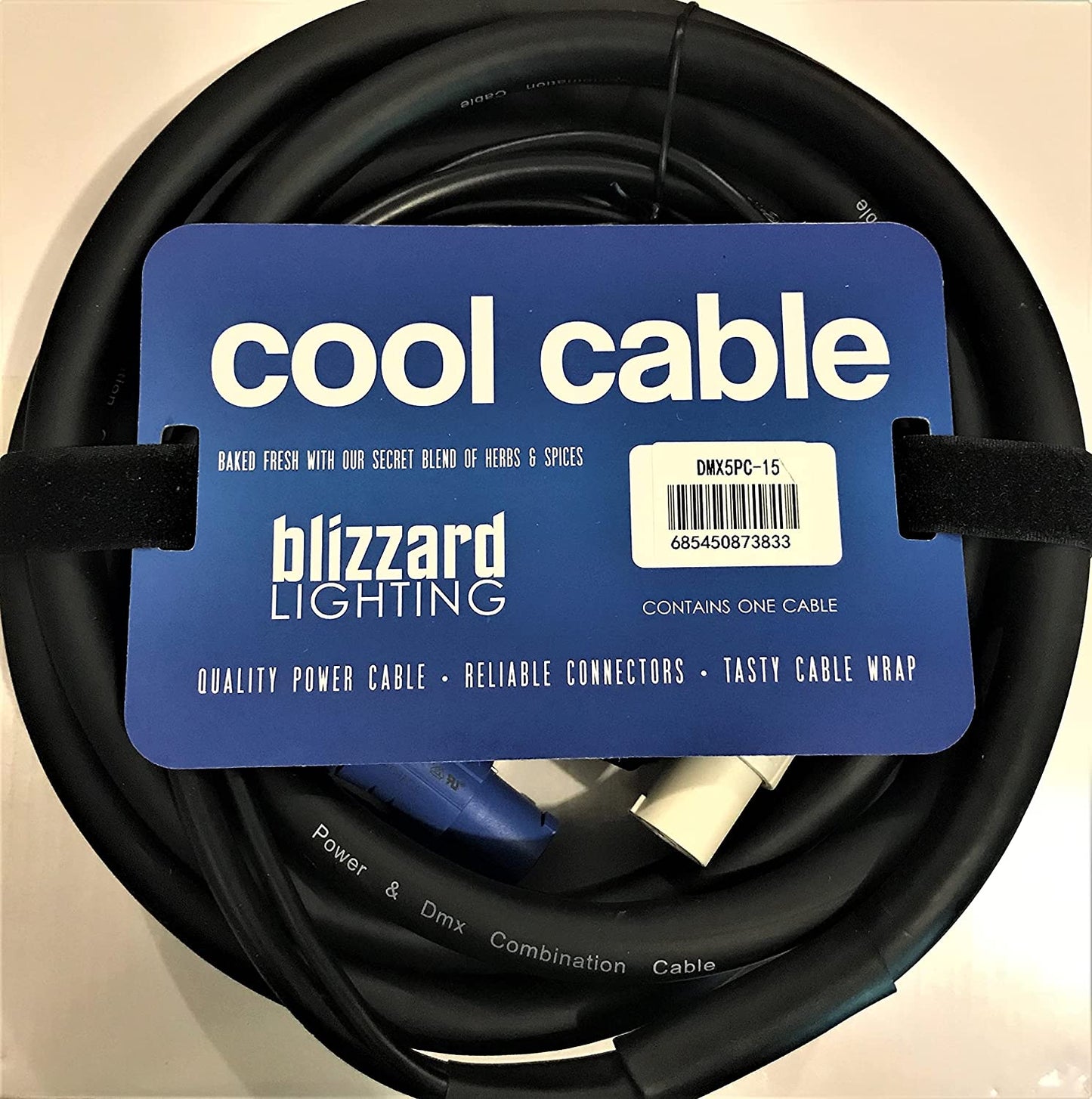 Blizzard DMX5PC-15    Cool Cable / 15 ft PowerCon compatible (male-blue) to (male-white) 14 AWG power + 5-pin XLR(M) – 5-pin XLR(F) 120 ohm DMX combo cable