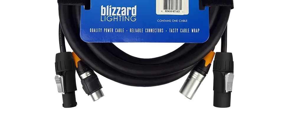 Blizzard DMX5PCT-25    Cool Cable / 25 ft PowerCon True1 compatible (male) to (male) 14 AWG power + 5-pin XLR(M) – 5-pin XLR(F) 120 ohm DMX combo cable