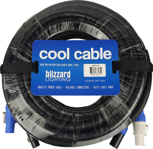 Blizzard DMXPC-50 Cool Cable / 50 ft PowerCon compatible (male-blue) to (male-white) 14 AWG power + 3-pin XLR(M) – XLR(F) 120 ohm DMX combo cable