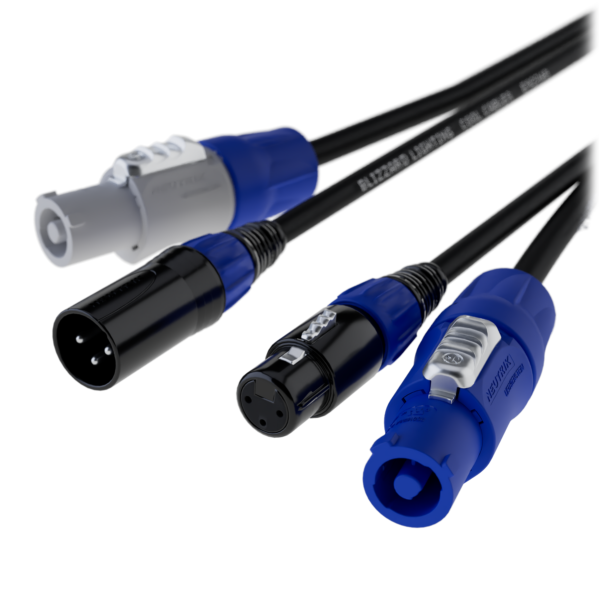 Blizzard Lighting DMXPC-15 Cool Cable / 15 ft PowerCon compatible (male-blue) to (male-white) 14 AWG power + 3-pin XLR(M) – XLR(F) 120 ohm DMX combo cable (Copy)