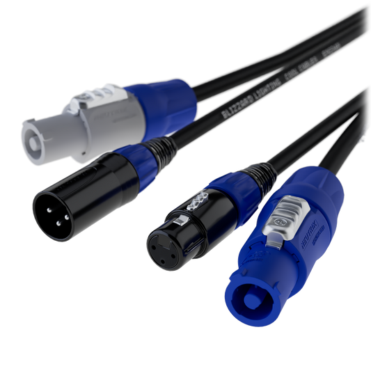 Blizzard Lighting DMXPC-15 Cool Cable / 15 ft PowerCon compatible (male-blue) to (male-white) 14 AWG power + 3-pin XLR(M) – XLR(F) 120 ohm DMX combo cable (Copy)